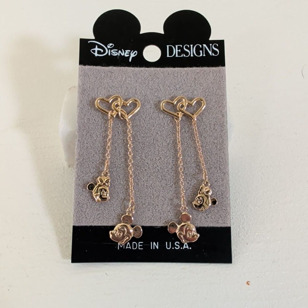 NWT Vintage Disney Mickey Mouse GoldTone Heart Dangle Earrings Made in USA